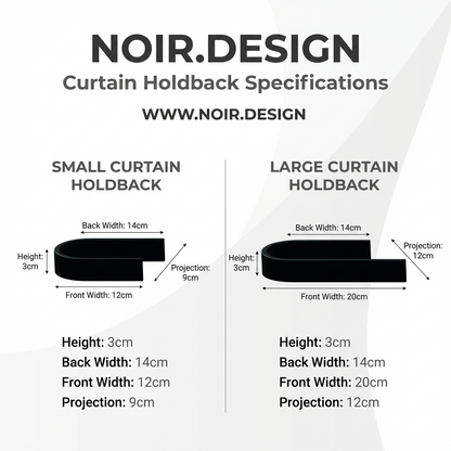 NOIR DESIGN curtain holdback specifications chart on a white background