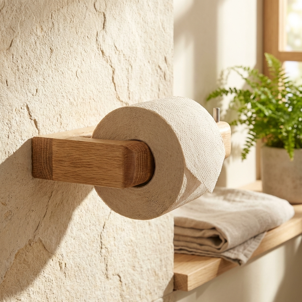 Wooden paper towel holder mounted on a stone wall with a plant in the background.