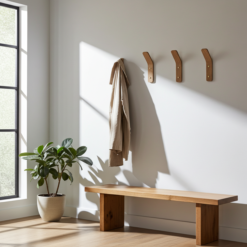 Wooden bench and hooks on a wall with a plant next to a window