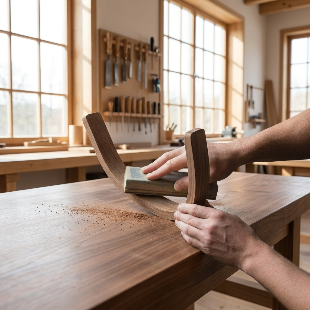 Person using a hand plane on a wooden surfboard hook in a workshop.