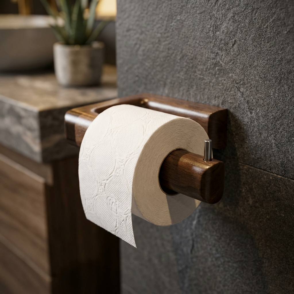 Wooden toilet paper holder with a roll of toilet paper on a textured wall.