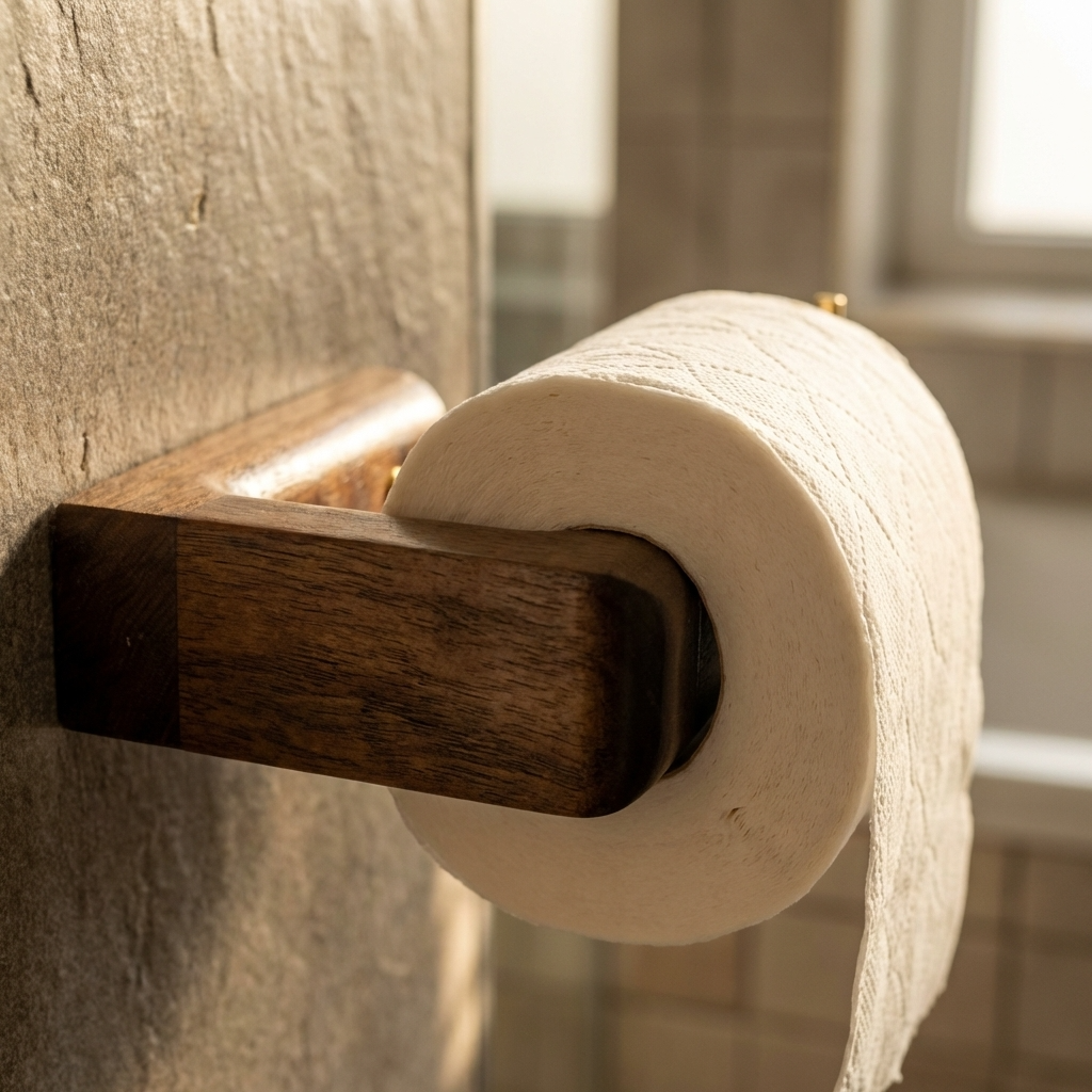 Wooden toilet paper holder with a roll of toilet paper on a textured wall.