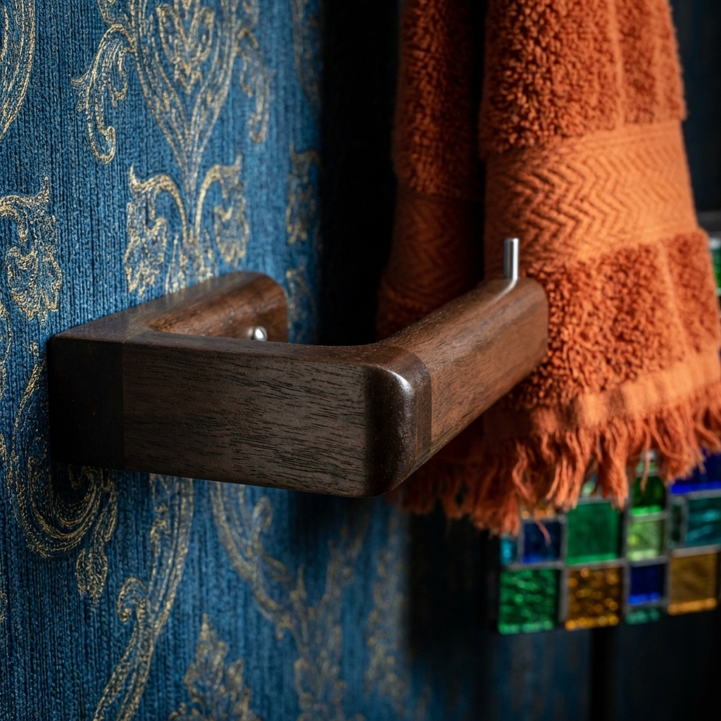 Walnut wooden toilet paper holder on a blue textured wall with an orange fabric draped over om the left it.