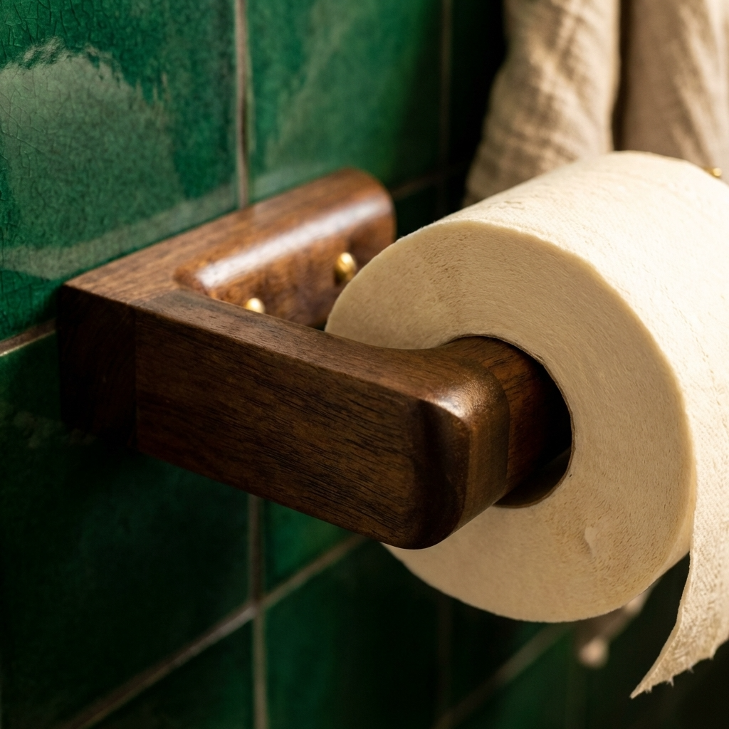 Wooden toilet paper holder with a roll of toilet paper against a green tiled wall.