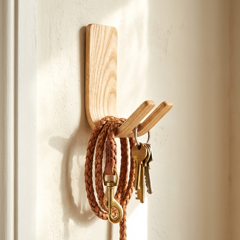 Solid ash wall hook for keys and dog leash adhesive mount no drill