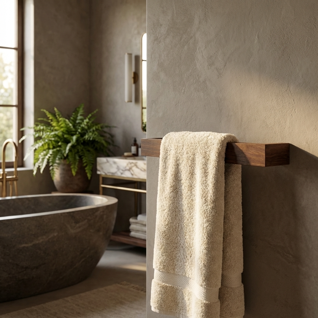 Beige towel hanging on a wooden rack in a bathroom with a bathtub and plant. Premium black walnut wall towel rail luxury gift idea
