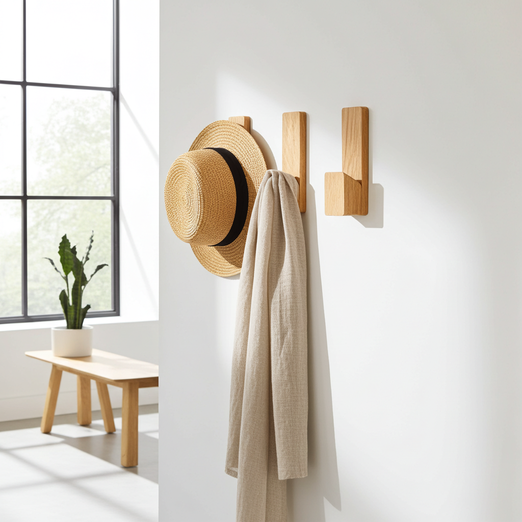 Adhesive wall hooks with a hat and coat against a white wall.