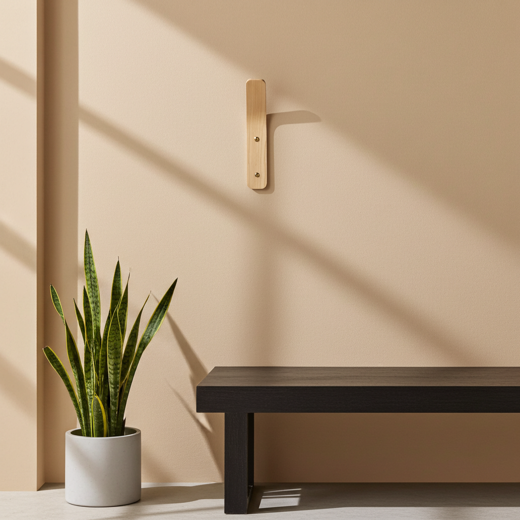 Potted plant and black bench against a beige wall with a wooden bracket.