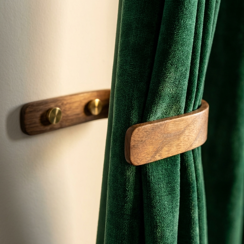 Wooden curtain holder with green curtain on a neutral wall