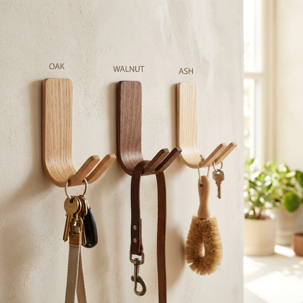 Three wooden wall hooks in oak, walnut, and ash colors with keys and a brush on a light background.