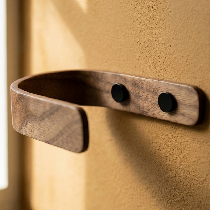 solid walnut curtain holdback close up showing natural wood grain and black fitting