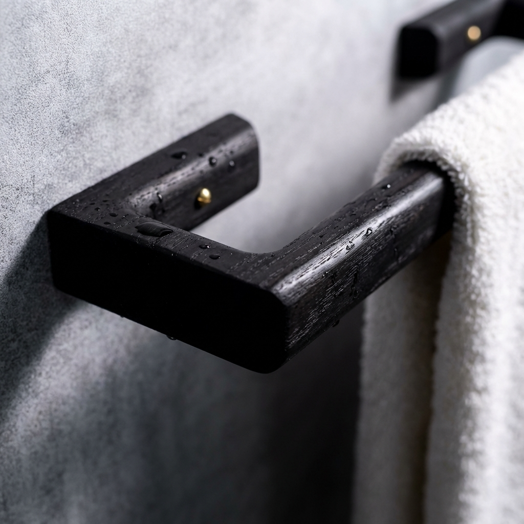Black towel rail handle on a textured surface