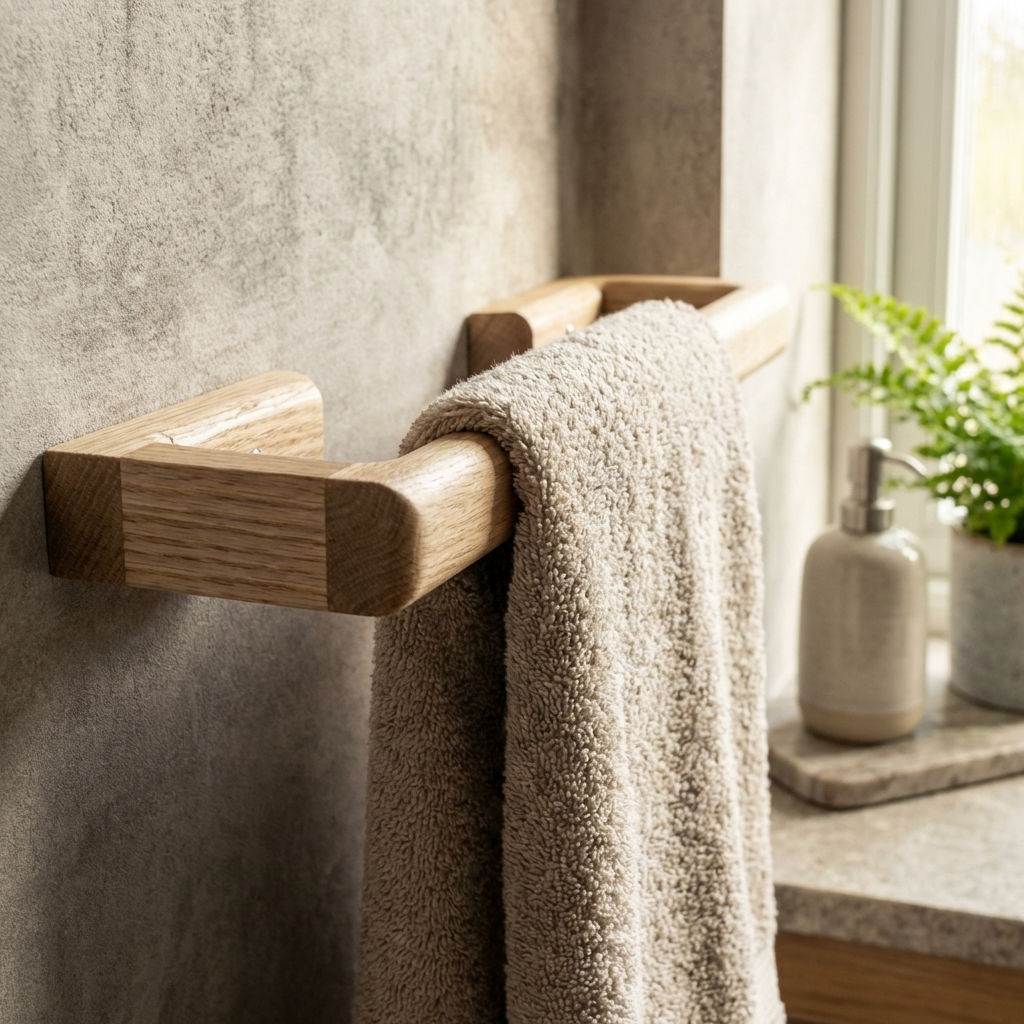 Wooden towel rack with a towel hanging on it in a bathroom setting.
