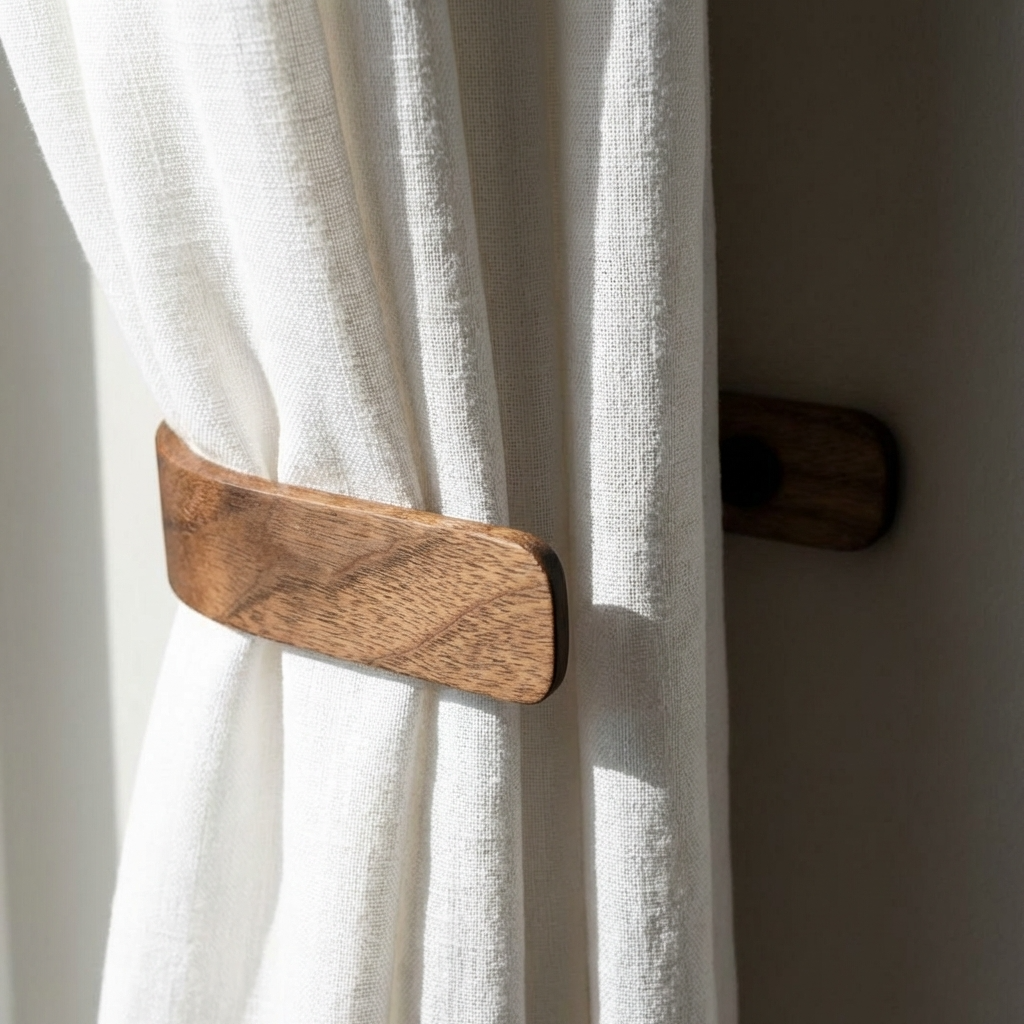Wooden curtain tieback on a white curtain against a neutral wall