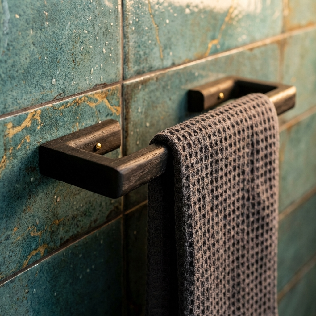 Towel hanging on a black towel rack against a tiled wall.
