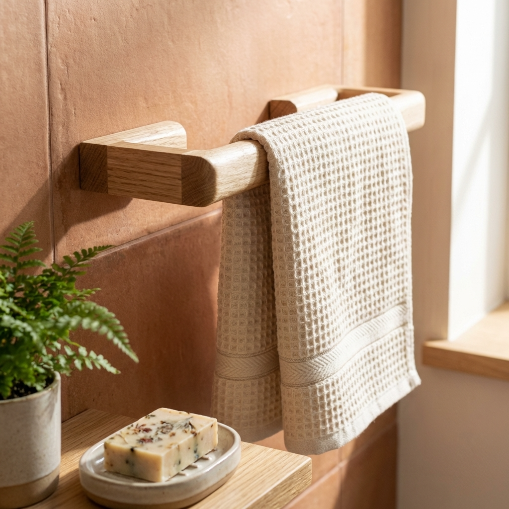Towel hanging on a wooden rack with a plant and soap dish in the foreground.