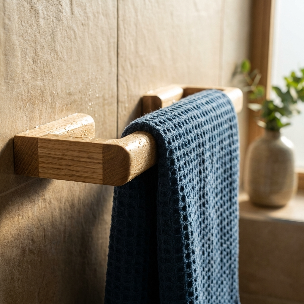 Wooden towel rack with a blue towel in a bathroom setting