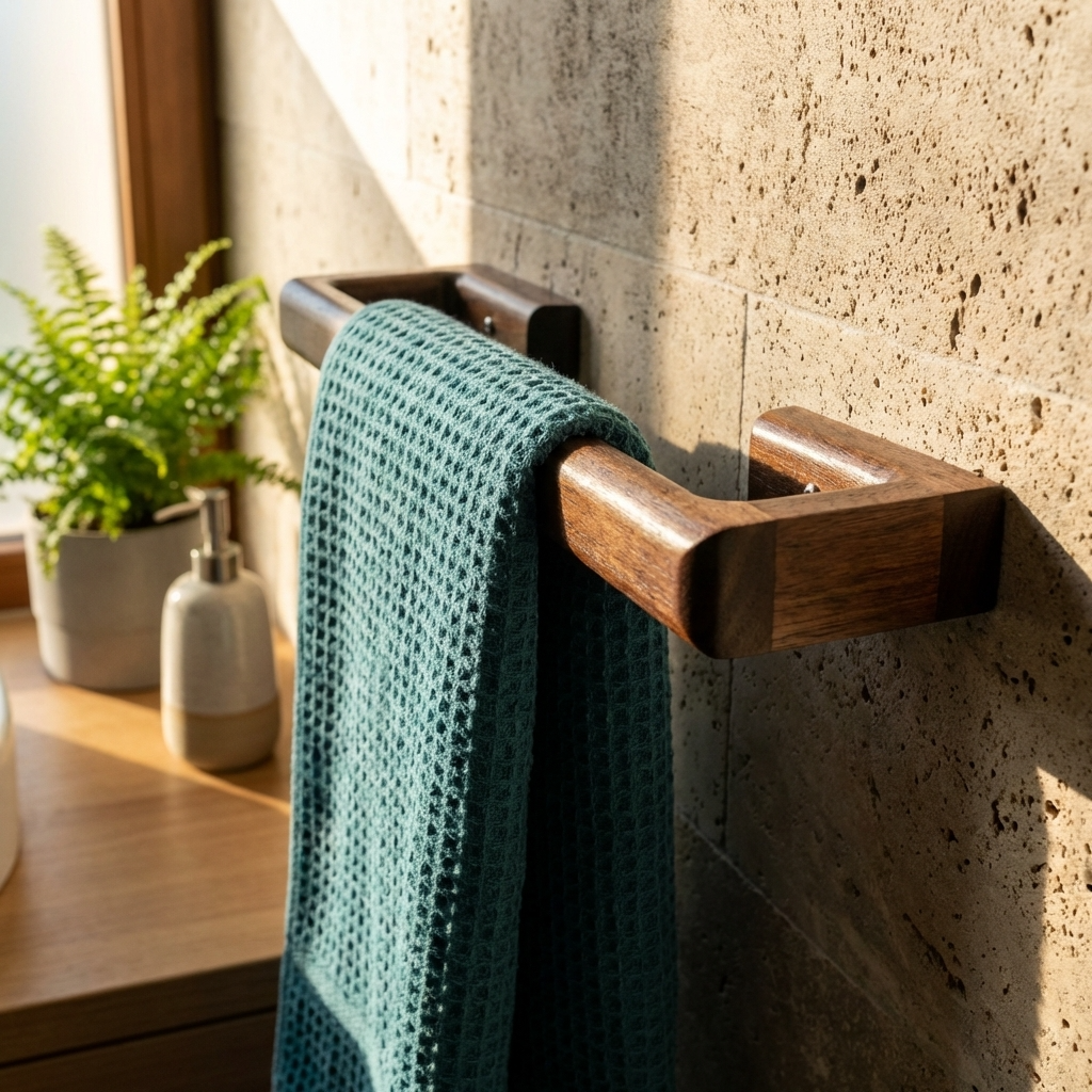Green towel hanging on a wooden towel rack in a bathroom.