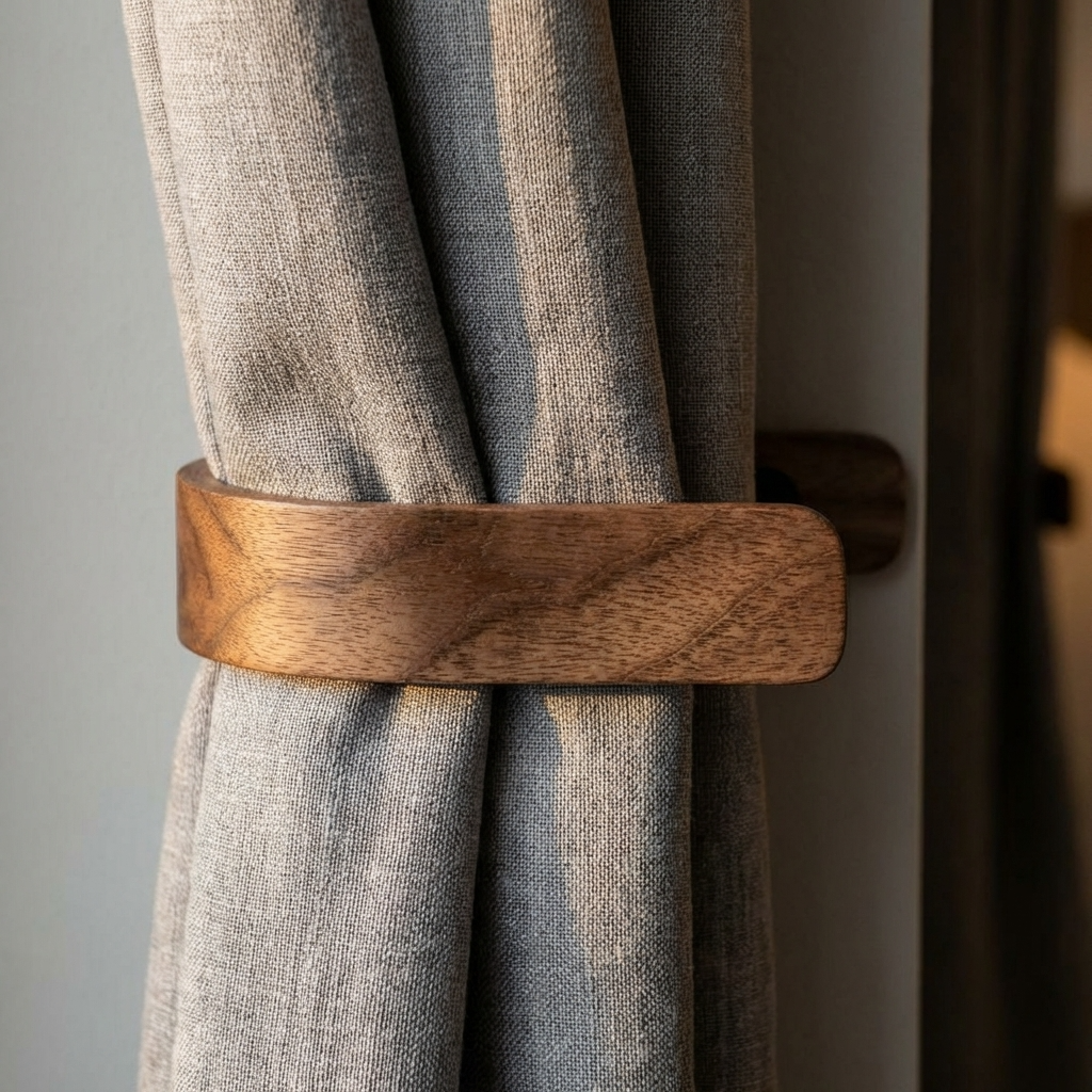 Wooden curtain tieback holding a gray curtain against a neutral background