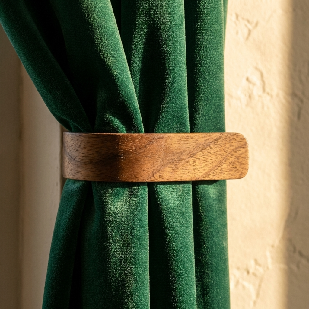 Green curtain with a wooden tie-back against a neutral wall
