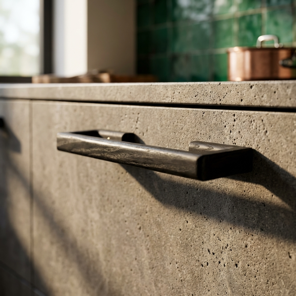 Close-up of a concrete countertop with a wooden towel rail handle, blurred green tiles in the background