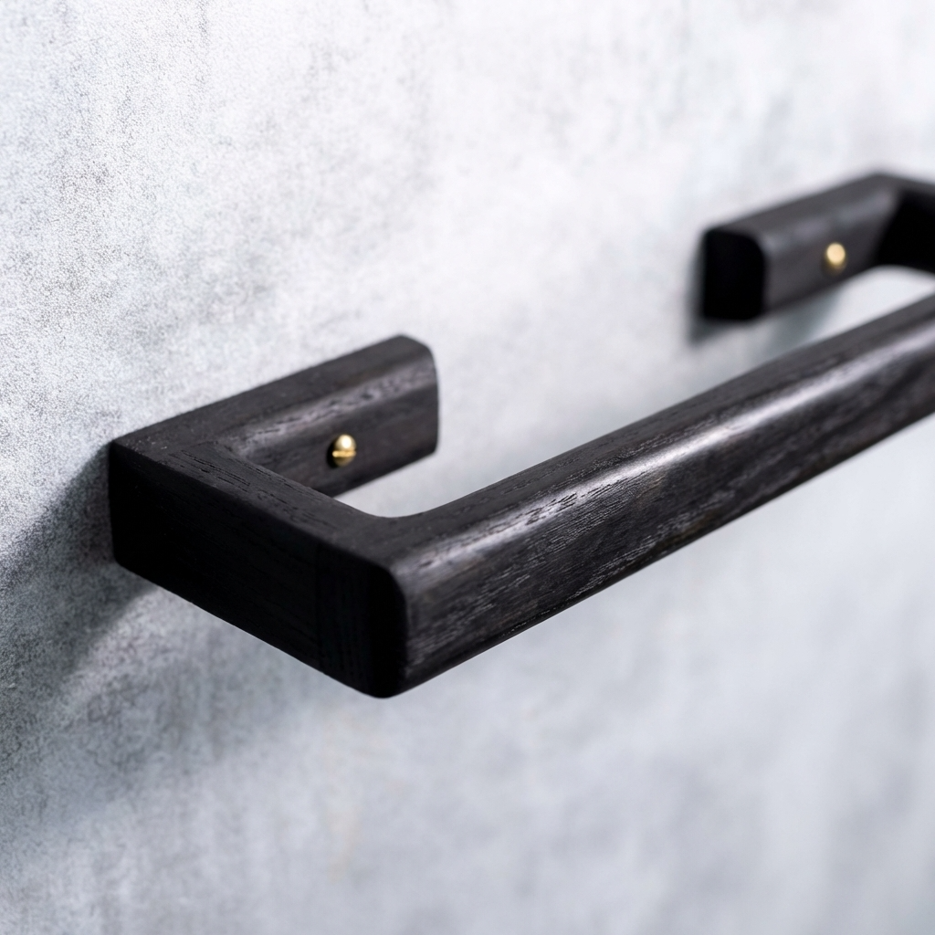 Black towel rack on a textured gray wall