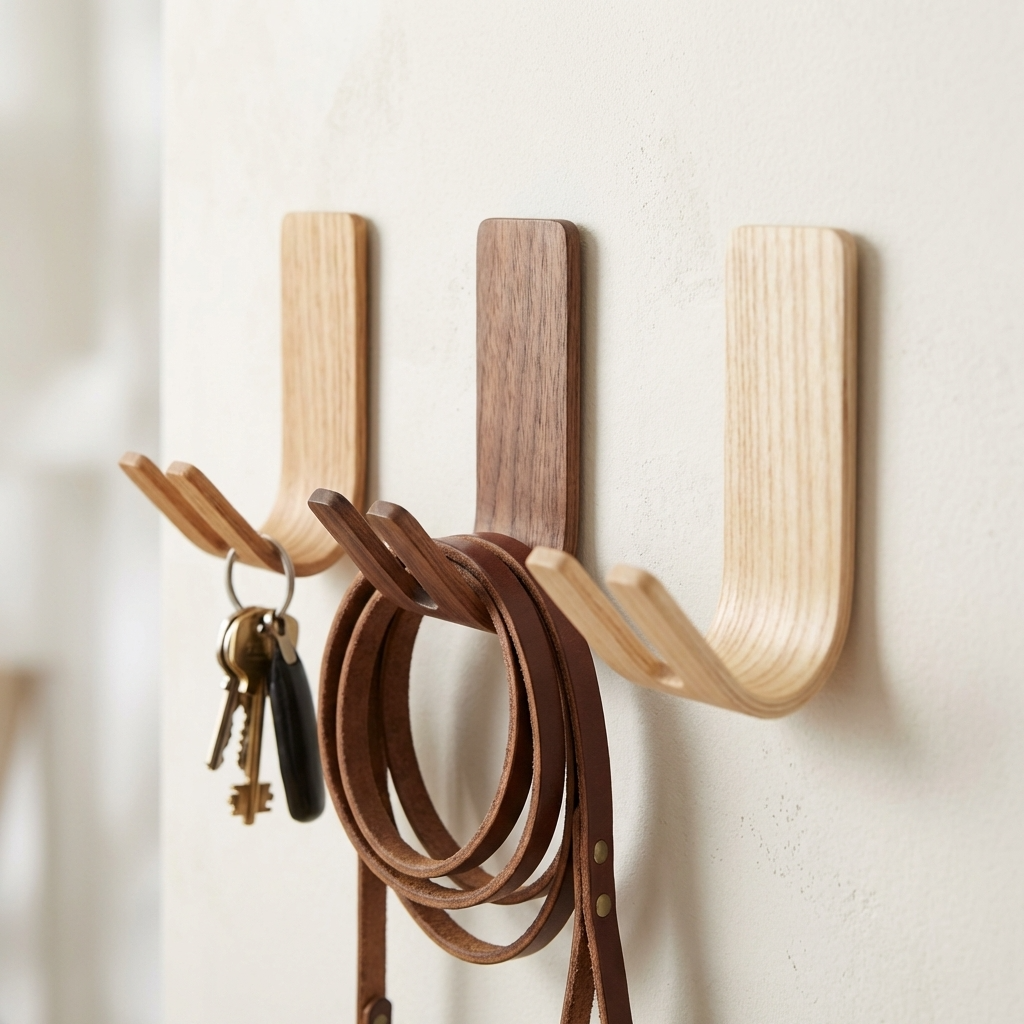 Wooden wall hook holding keys and a leather belt on a light background