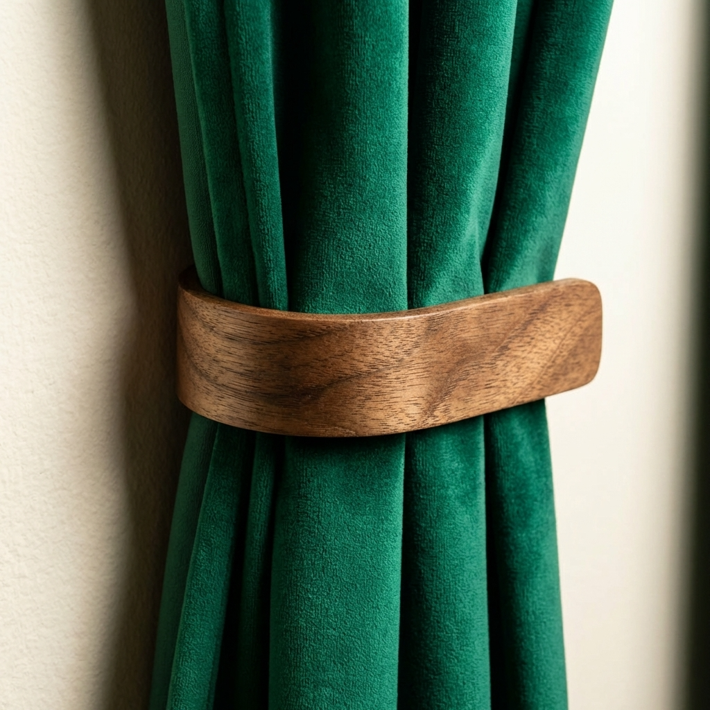 Green curtain with a wooden tie-back against a neutral background