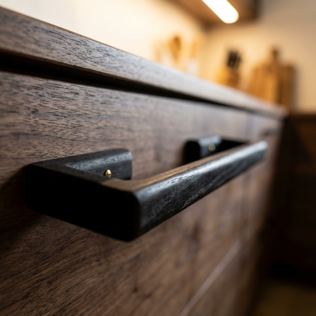 Close-up of a wooden drawer with a black towel bar in a blurred kitchen setting