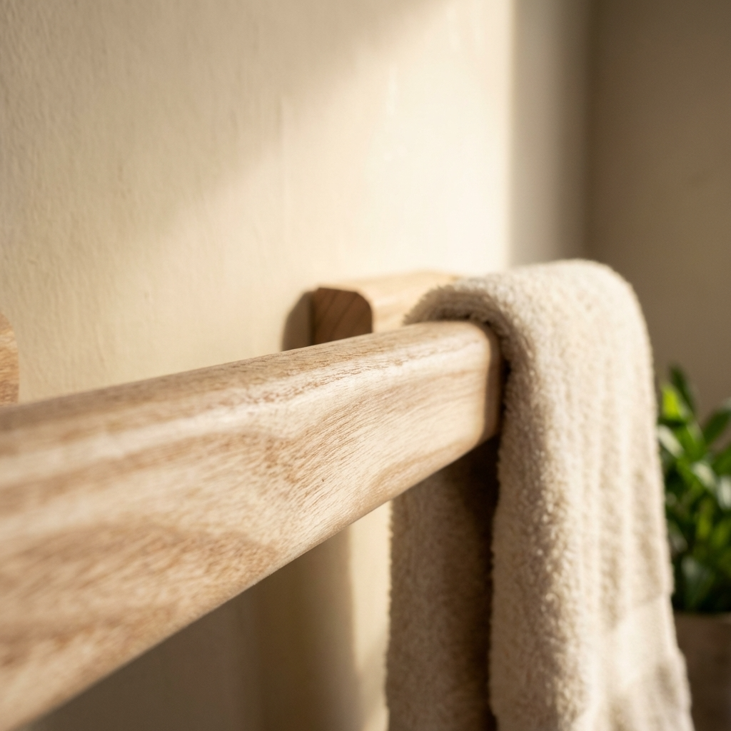 Wooden towel rail with a towel draped over it against a neutral wall.