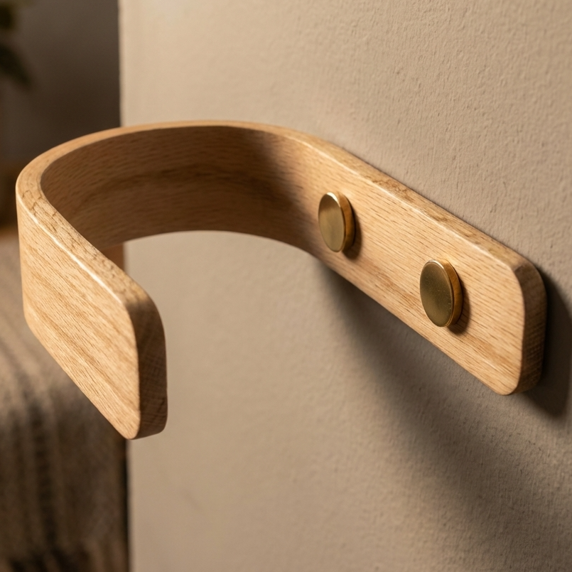 Wooden wall hook with brass screws on a beige wall