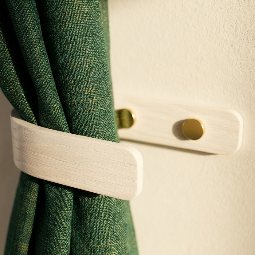 Green curtain with a white and gold curtain holder on a beige wall.