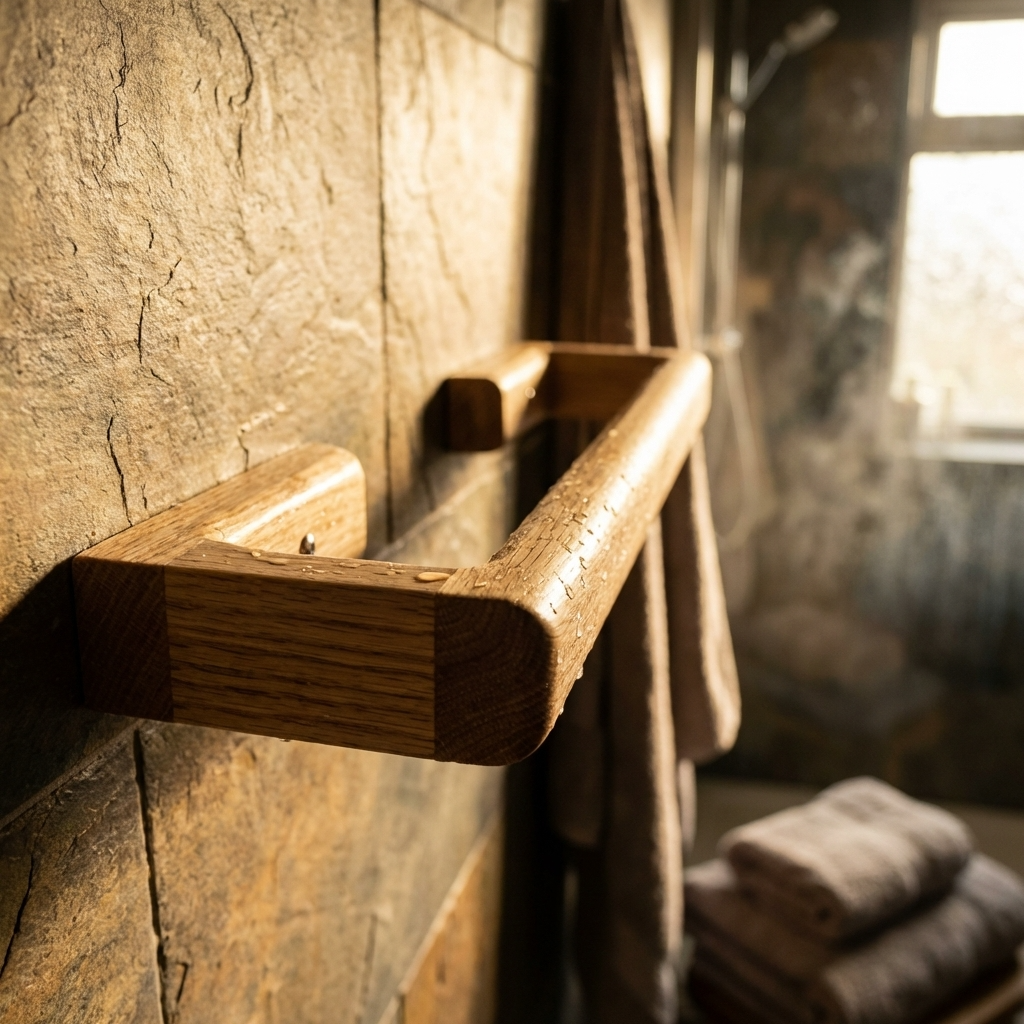 Wooden towel rail mounted on a stone wall with towels in the background
