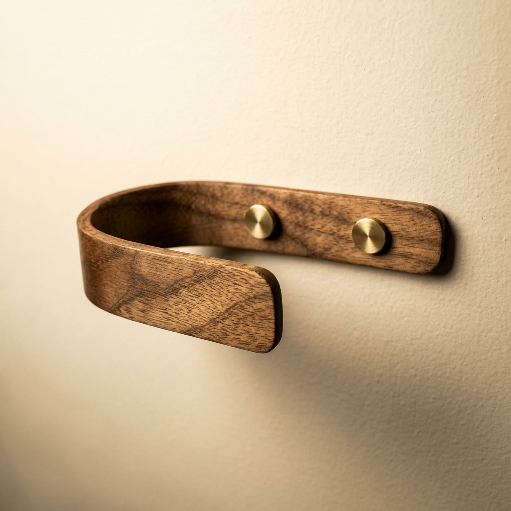 Wooden wall hook with brass fixtures on a beige background