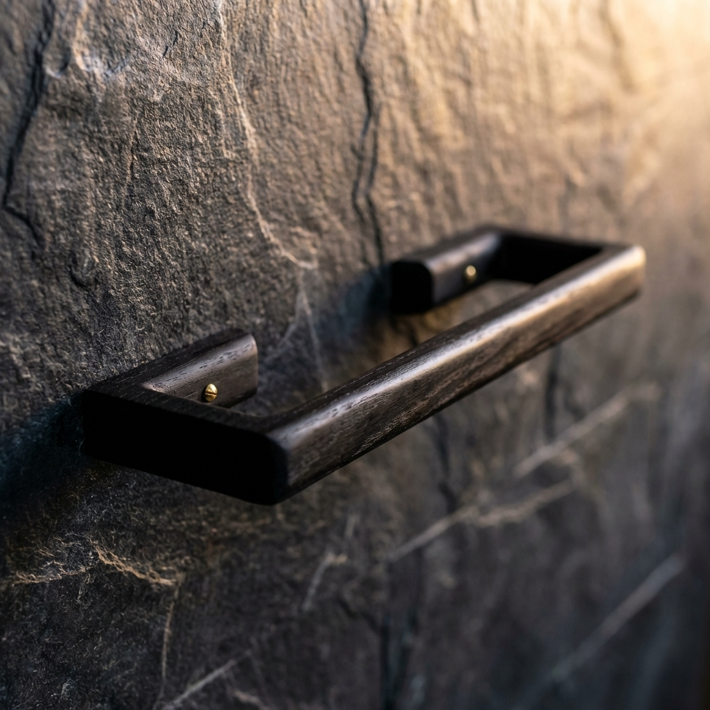 Black towel rail on a textured stone wall