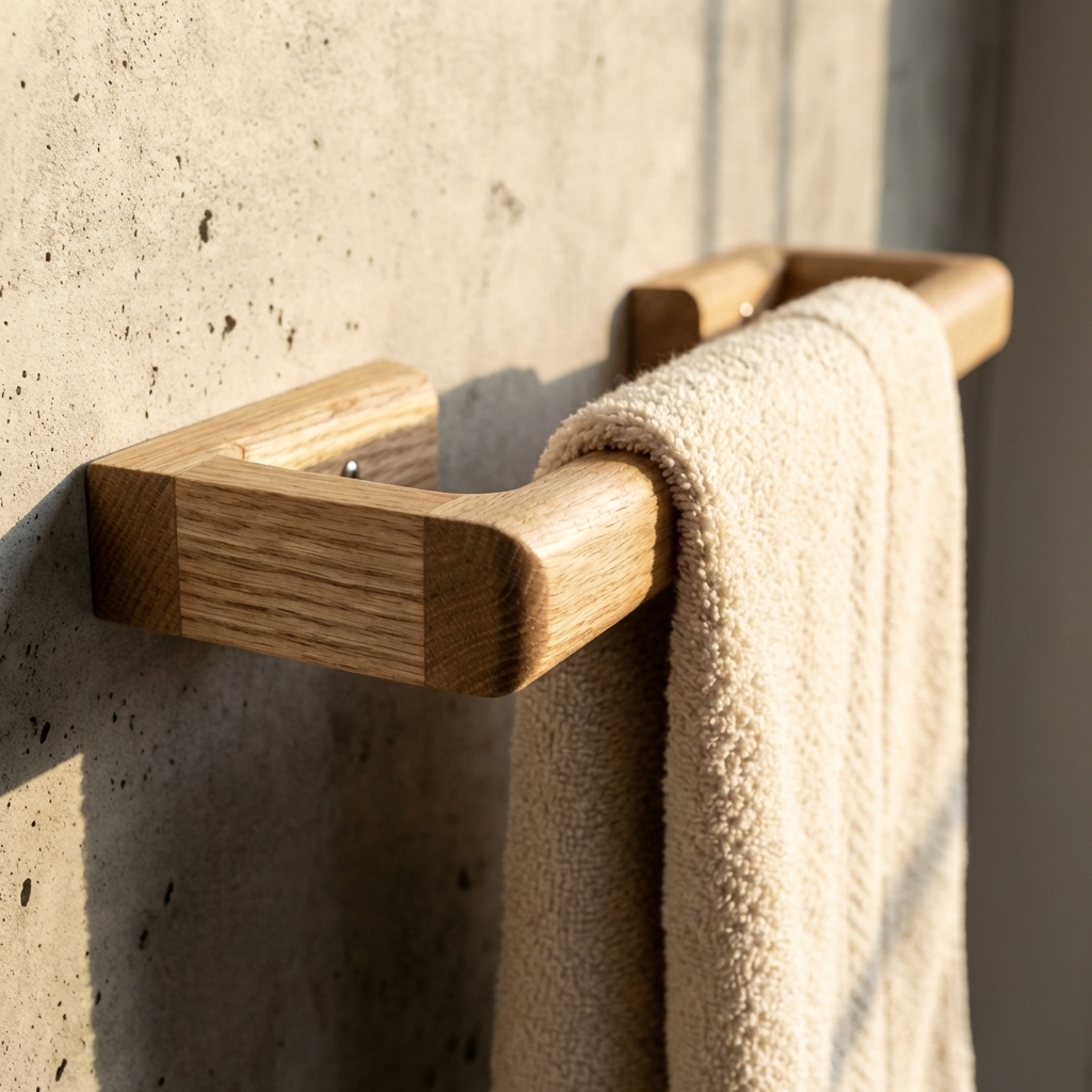 Wooden towel rack with a beige towel against a concrete wall