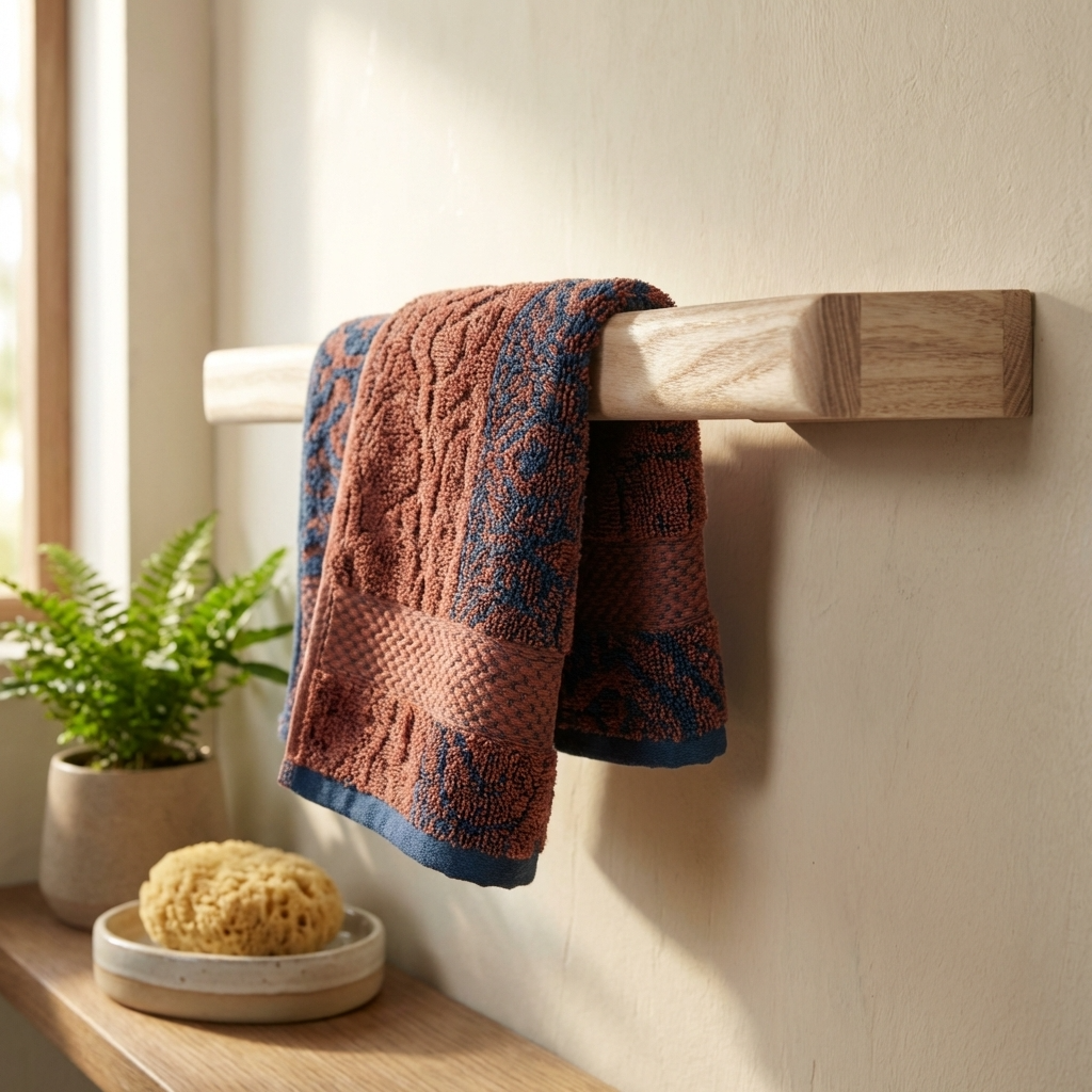 Brown textured towel hanging on a wooden towel rack with a plant and sponge in the background.