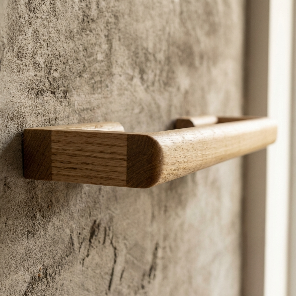 wooden towel rail on a textured wall