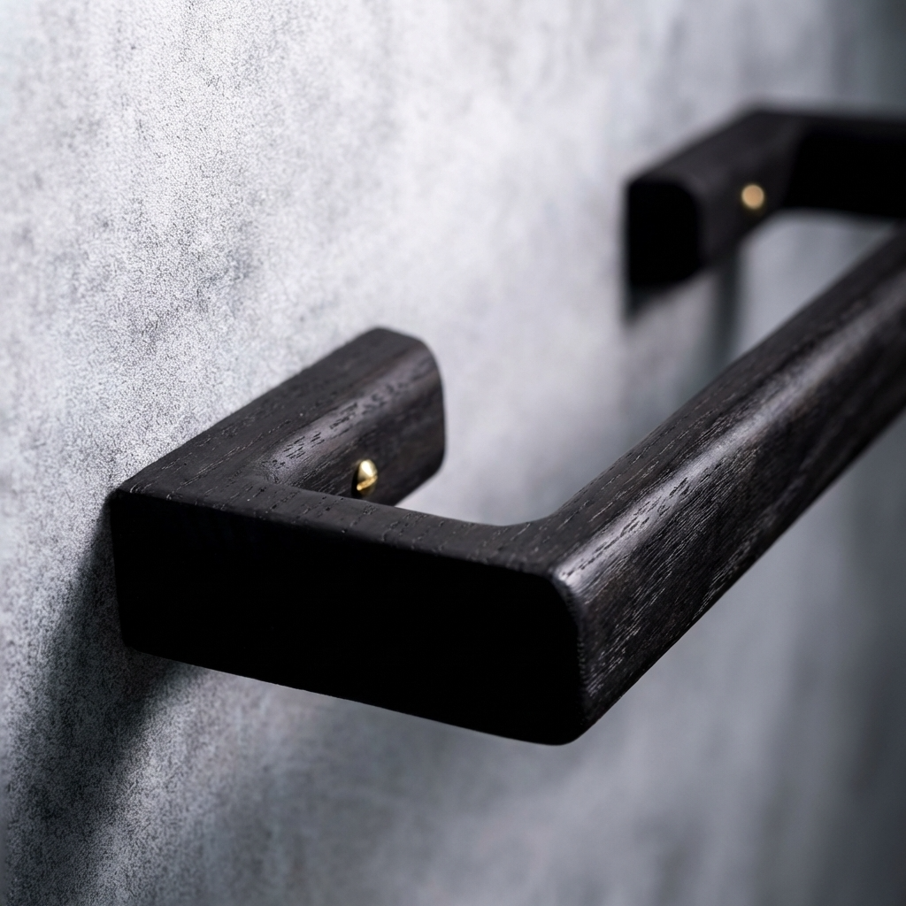 Black towel handle on a textured gray background