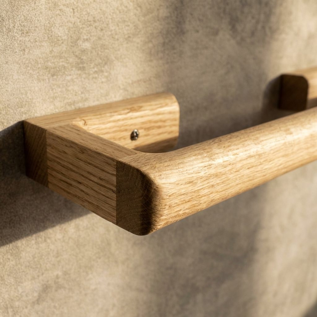 Wooden towel bar mounted on a textured wall.