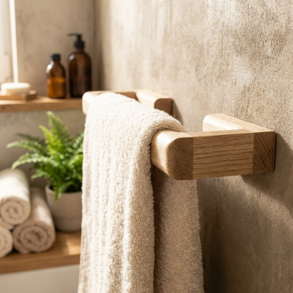 Towel hanging on a wooden towel rack in a bathroom setting with plants and bottles.