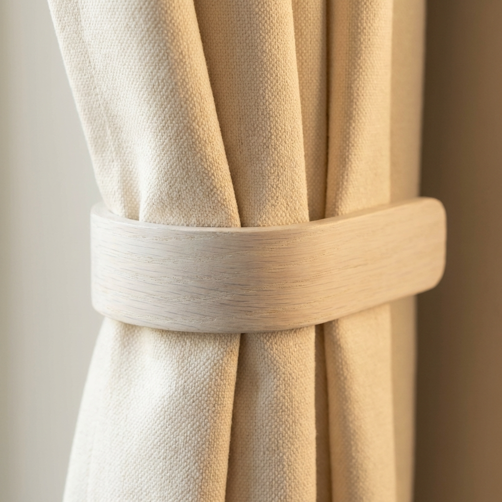 Close-up of beige curtains with a tieback against a neutral background