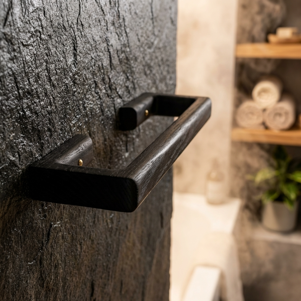 Black towel rack on a textured wall with a blurred background