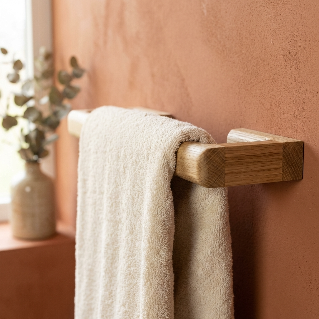 Beige towel hanging on a wooden towel rack against a pink wall with a plant in the background.