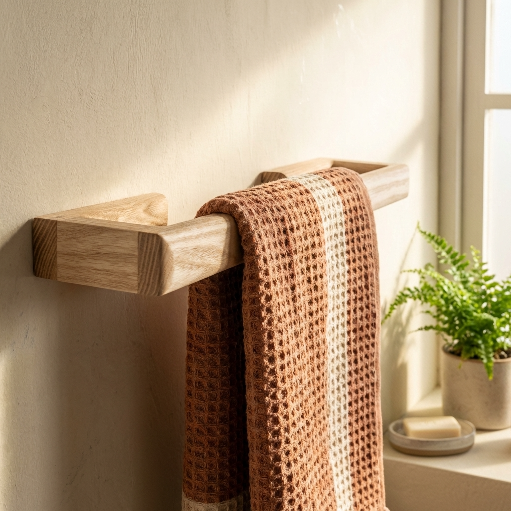 Wooden towel rack with a brown textured towel against a light wall with a plant in the background.
