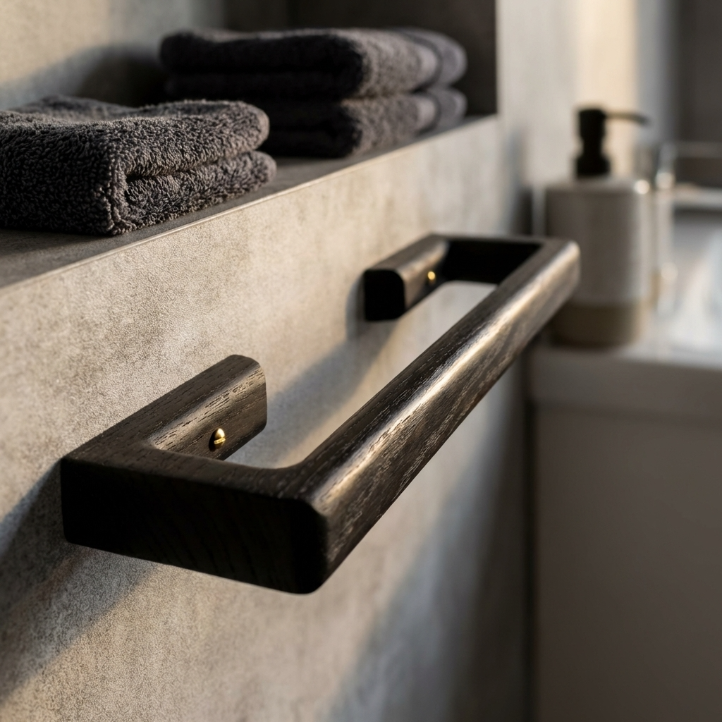 Bathroom shelf with black towel bar and towels in the background