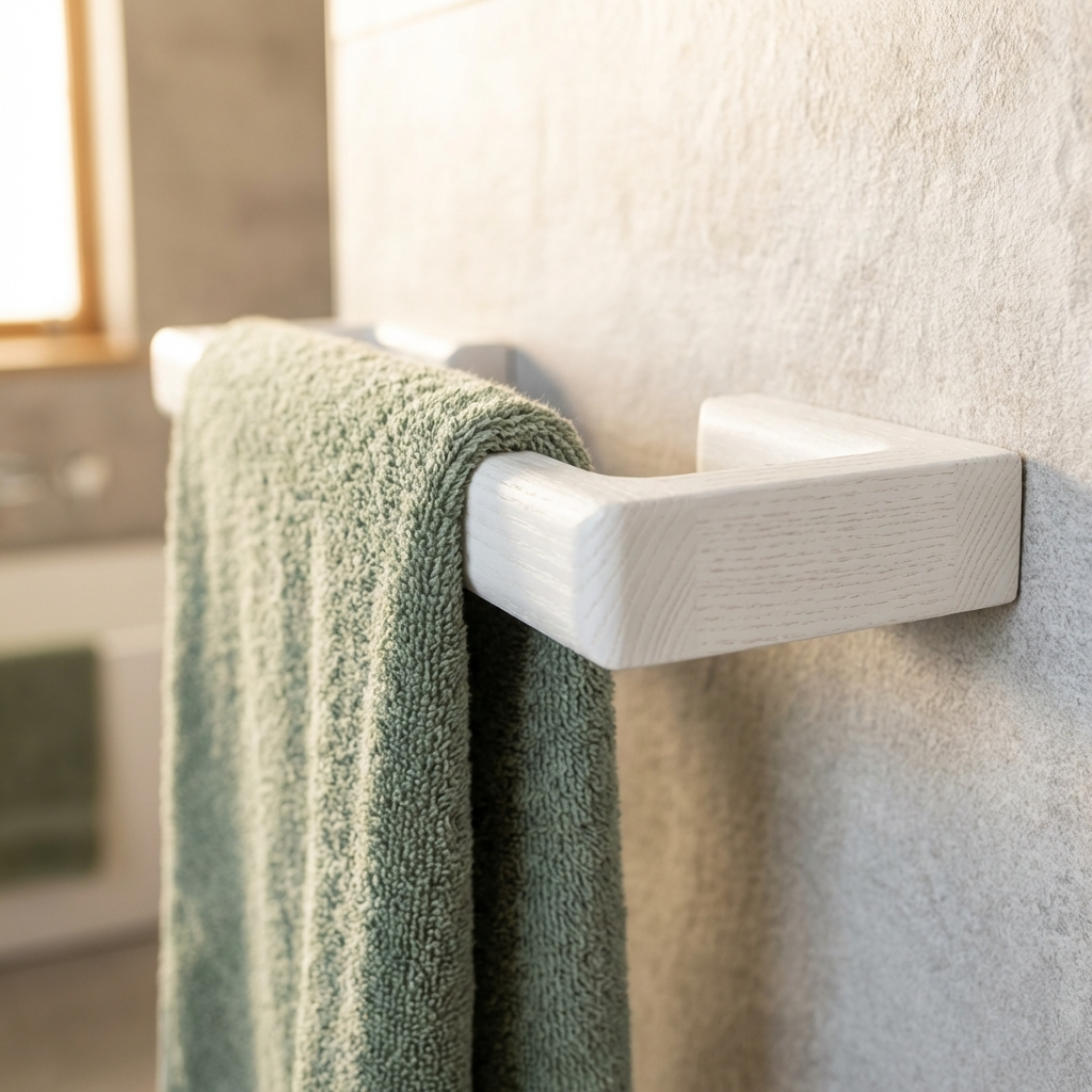 Green towel hanging on a white towel rack against a neutral wall.