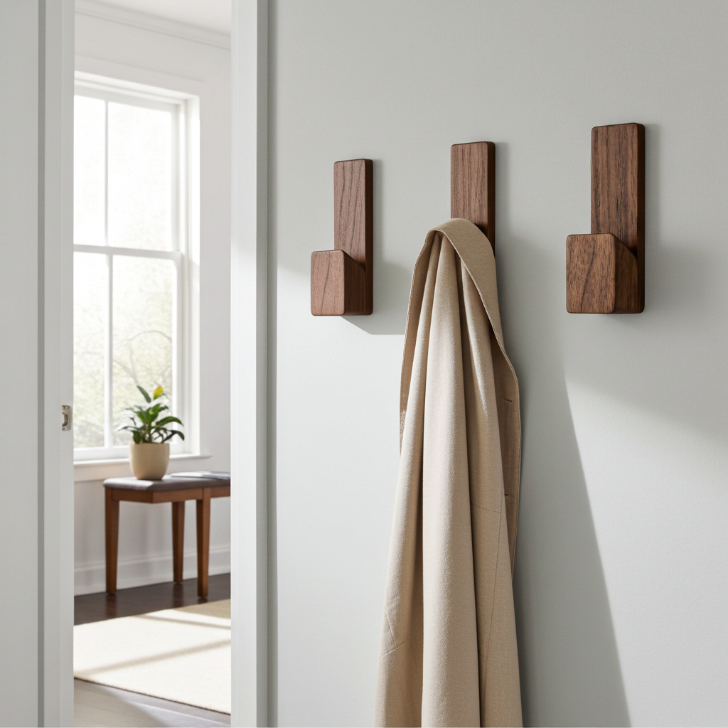 Wooden wall hooks with a beige coat on a white wall.