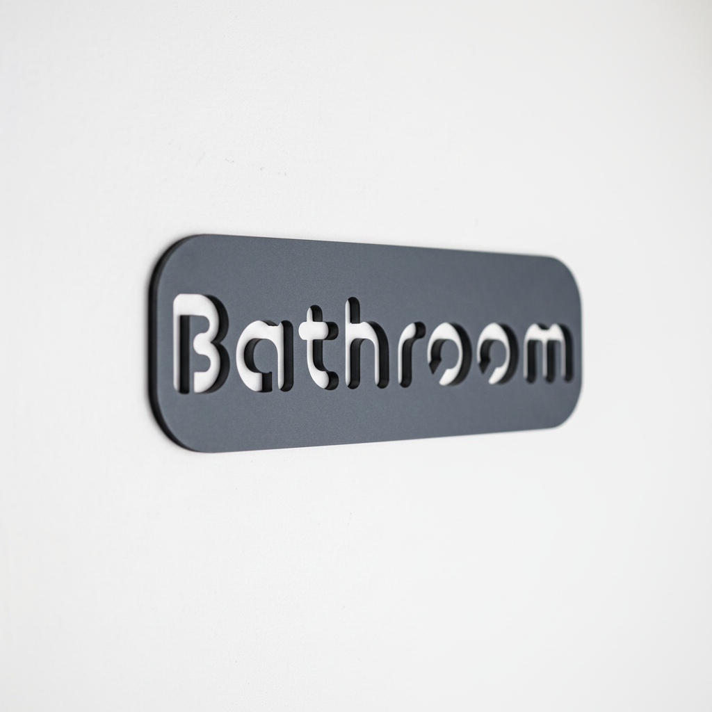 Gray sign with 'Bathroom' text on a white background