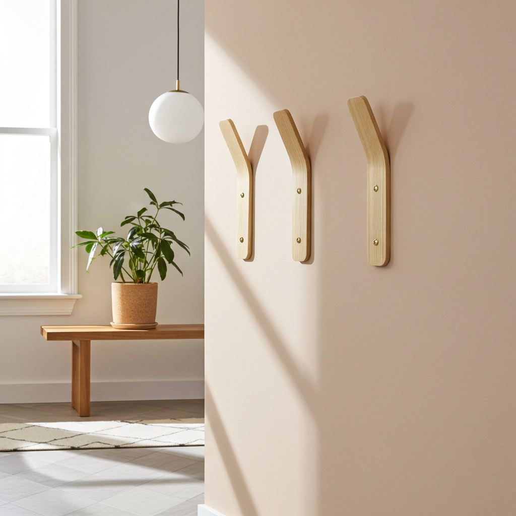 Three wooden wall hooks on a light pink wall with a plant and small table in the background.